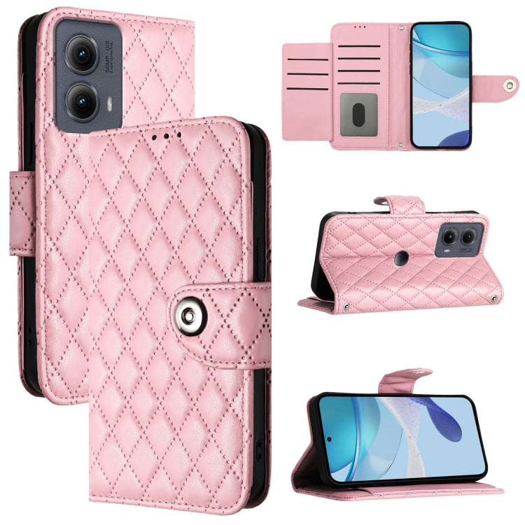 For Motorola Edge 2024 Rhombic Texture Flip Leather Phone Case with Lanyard(Pink) - Motorola Cases by buy2fix | Online Shopping UK | buy2fix