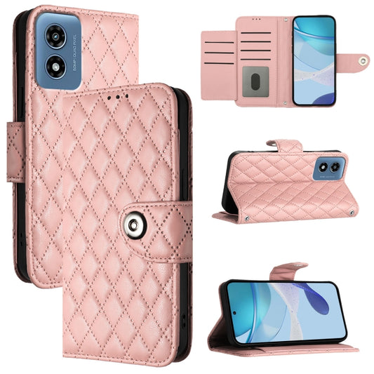 For Motorola Moto G Play 5G 2024 Rhombic Texture Flip Leather Phone Case with Lanyard(Coral Pink) - Motorola Cases by buy2fix | Online Shopping UK | buy2fix