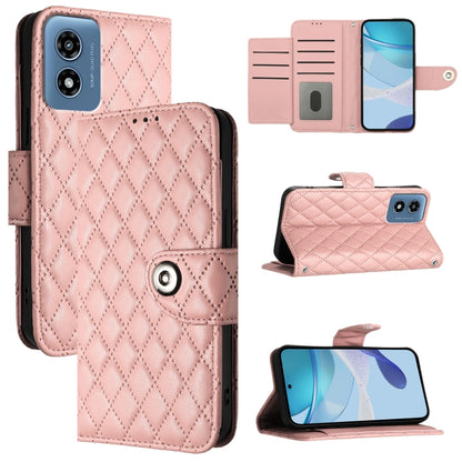 For Motorola Moto G 5G 2024 Global Rhombic Texture Flip Leather Phone Case with Lanyard(Coral Pink) - Motorola Cases by buy2fix | Online Shopping UK | buy2fix