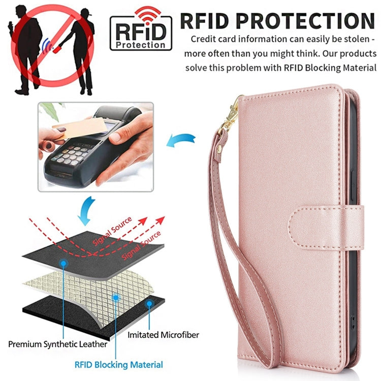 For iPhone 16 Plus Multi-Card Wallet RFID Leather Phone Case(Rose Gold) - iPhone 16 Plus Cases by buy2fix | Online Shopping UK | buy2fix