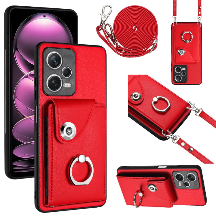 For Xiaomi Redmi Note 12 5G Global Organ Card Bag Ring Holder Phone Case with Long Lanyard(Red) - Xiaomi Cases by buy2fix | Online Shopping UK | buy2fix