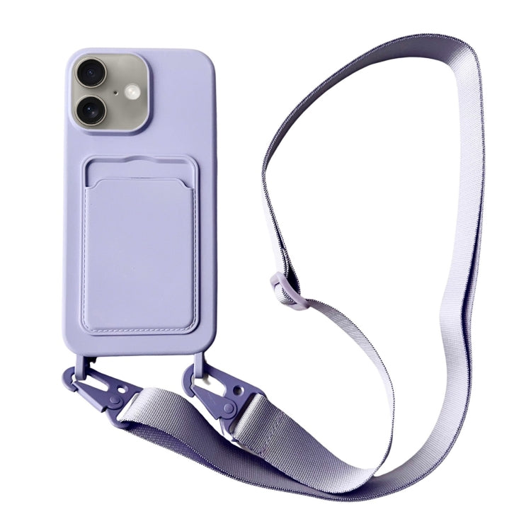 For iPhone 16 Plus Card Slot Liquid Silicone Phone Case with Lanyard(Light Purple) by buy2fix
