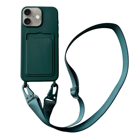 For iPhone 16 Card Slot Liquid Silicone Phone Case with Lanyard(Dark Green) - iPhone 16 Cases by buy2fix | Online Shopping UK | buy2fix