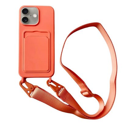 For iPhone 16 Card Slot Liquid Silicone Phone Case with Lanyard(Orange) - iPhone 16 Cases by buy2fix | Online Shopping UK | buy2fix