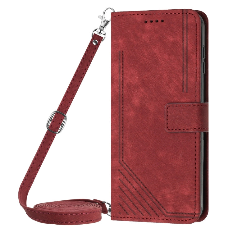 For Motorola Edge 2024 Skin Feel Stripe Pattern Leather Phone Case with Long Lanyard(Red) - Motorola Cases by buy2fix | Online Shopping UK | buy2fix