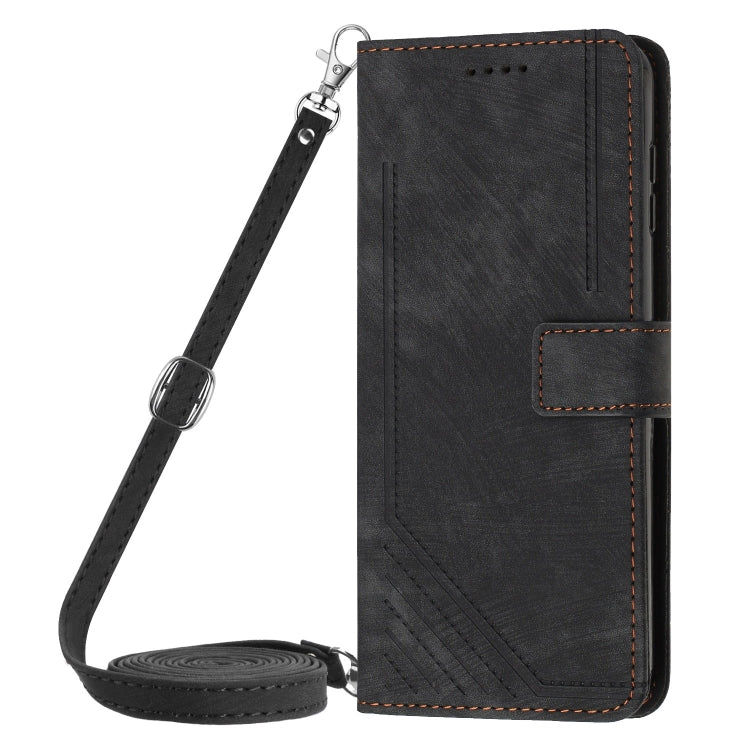 For Motorola Edge 2024 Skin Feel Stripe Pattern Leather Phone Case with Long Lanyard(Black) - Motorola Cases by buy2fix | Online Shopping UK | buy2fix