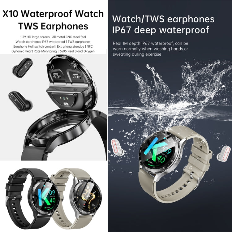 X10 Headphones Smart Watch 1.39 inch Waterproof Bracelet, Support Bluetooth Call / NFC / Heart Rate(Black + Leather) - Smart Watches by buy2fix | Online Shopping UK | buy2fix