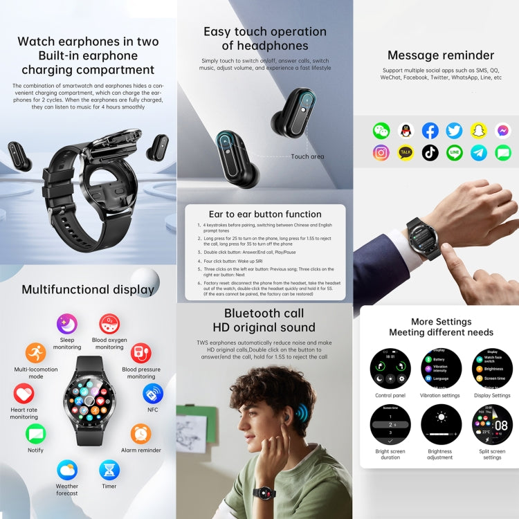X10 Headphones Smart Watch 1.39 inch Waterproof Bracelet, Support Bluetooth Call / NFC / Heart Rate(Black + Leather) - Smart Watches by buy2fix | Online Shopping UK | buy2fix