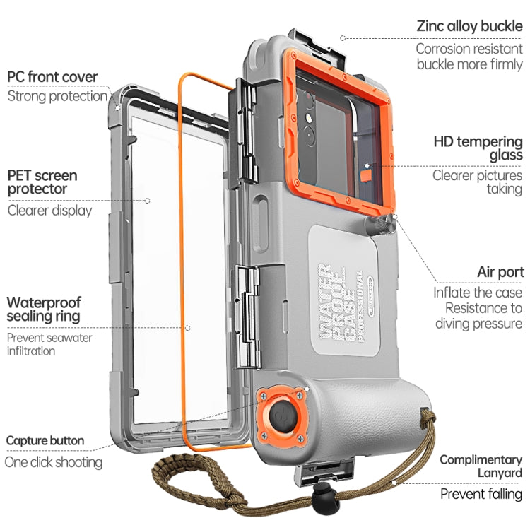 Diving Shell Gen2 Upgrade IP68 Waterproof Phone Case(Grey Orange) - Waterproof Bag by buy2fix | Online Shopping UK | buy2fix