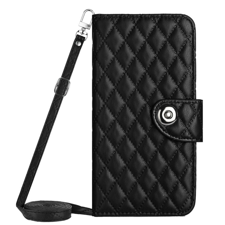 For Motorola Moto G Play 4G 2024 Rhombic Texture Flip Leather Phone Case with Long Lanyard(Black) - Motorola Cases by buy2fix | Online Shopping UK | buy2fix