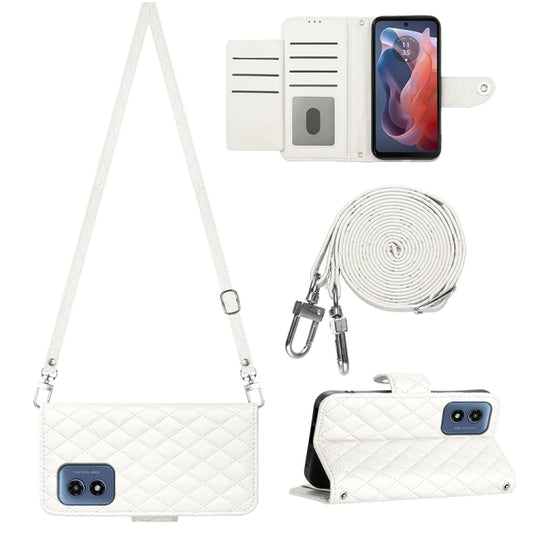 For Motorola Moto G Play 4G 2024 Rhombic Texture Flip Leather Phone Case with Long Lanyard(White) - Motorola Cases by buy2fix | Online Shopping UK | buy2fix