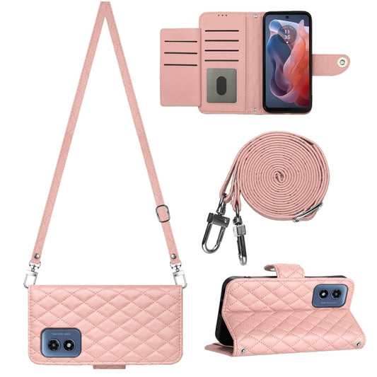 For Motorola Moto G Play 4G 2024 Rhombic Texture Flip Leather Phone Case with Long Lanyard(Coral Pink) - Motorola Cases by buy2fix | Online Shopping UK | buy2fix