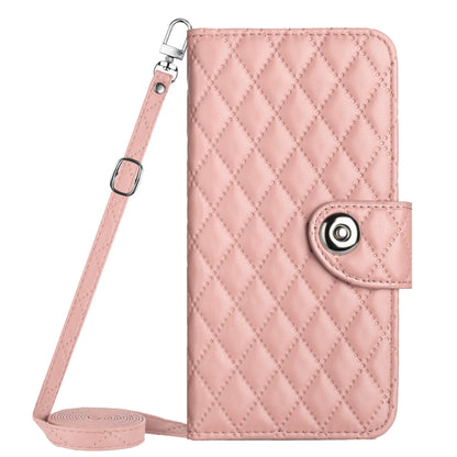 For Motorola Moto G Play 4G 2024 Rhombic Texture Flip Leather Phone Case with Long Lanyard(Coral Pink) - Motorola Cases by buy2fix | Online Shopping UK | buy2fix