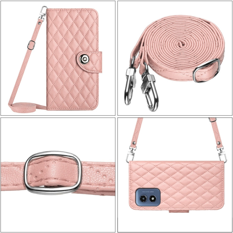 For Motorola Moto G Play 4G 2024 Rhombic Texture Flip Leather Phone Case with Long Lanyard(Coral Pink) - Motorola Cases by buy2fix | Online Shopping UK | buy2fix