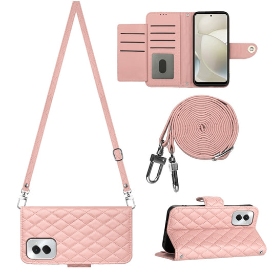 For Motorola Moto G Power 5G 2024 Rhombic Texture Flip Leather Phone Case with Long Lanyard(Coral Pink) - Motorola Cases by buy2fix | Online Shopping UK | buy2fix