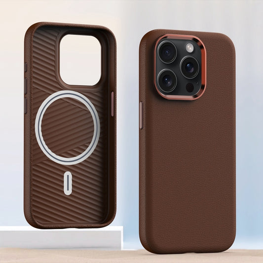 For iPhone 12 Pro Metal Lens Frame Leather Magsafe Full Coverage Shockproof Phone Case(Brown) - iPhone 12 / 12 Pro Cases by buy2fix | Online Shopping UK | buy2fix