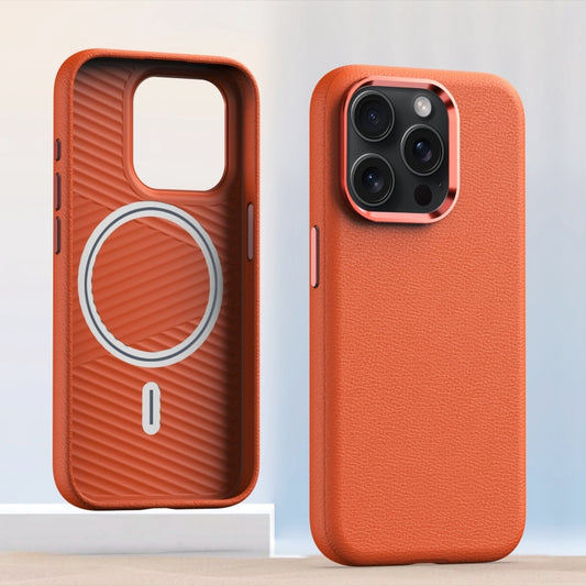 For iPhone 12 Pro Max Metal Lens Frame Leather Magsafe Full Coverage Shockproof Phone Case(Orange) by buy2fix