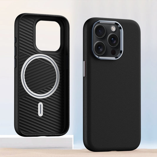 For iPhone 13 Pro Metal Lens Frame Leather Magsafe Full Coverage Shockproof Phone Case(Black) by buy2fix