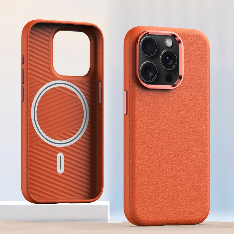 For iPhone 14 Pro Max Metal Lens Frame Leather Magsafe Full Coverage Shockproof Phone Case(Orange) - iPhone 14 Pro Max Cases by buy2fix | Online Shopping UK | buy2fix