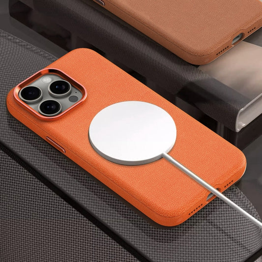 For iPhone 15 Metal Lens Frame Leather Magsafe Full Coverage Shockproof Phone Case(Brown) by buy2fix
