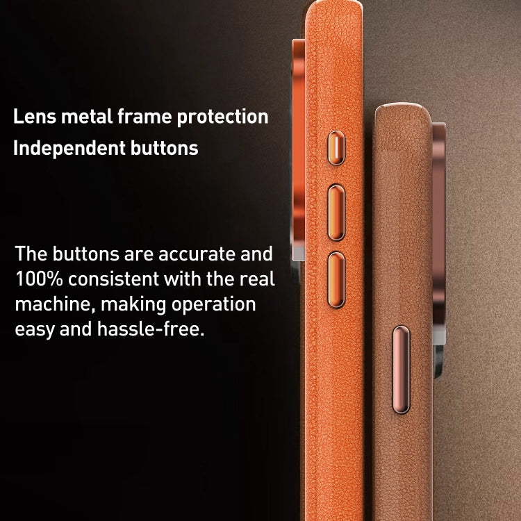 For iPhone 14 Metal Lens Frame Leather Magsafe Full Coverage Shockproof Phone Case(Orange) - iPhone 14 Cases by buy2fix | Online Shopping UK | buy2fix