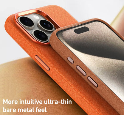 For iPhone 14 Pro Max Metal Lens Frame Leather Magsafe Full Coverage Shockproof Phone Case(Orange) - iPhone 14 Pro Max Cases by buy2fix | Online Shopping UK | buy2fix