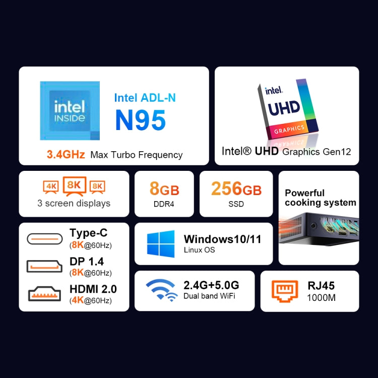 Ninkear N9 Windows 11 Mini PC, 8GB+256GB, Intel Alder Lake N95, Support 3 Screen Display(EU Plug) - Windows Mini PCs by buy2fix | Online Shopping UK | buy2fix