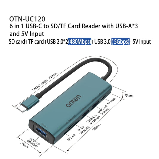 Onten UC120 6 in 1 USB-C to SD / TF Card Reader with 3-Ports USB HUB & 5V Input by Onten