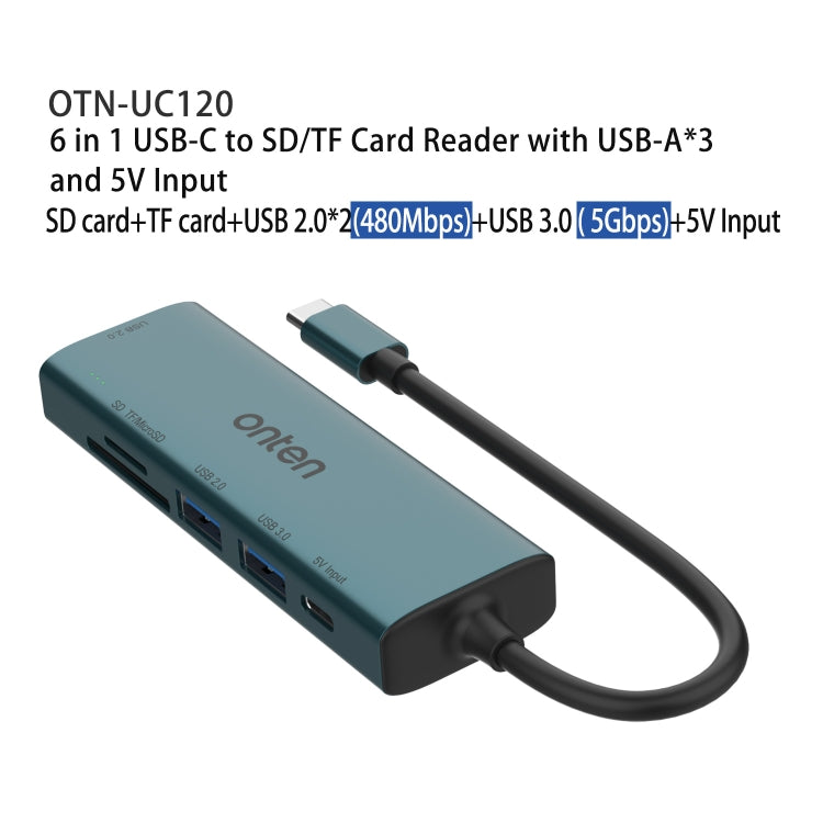 Onten UC120 6 in 1 USB-C to SD / TF Card Reader with 3-Ports USB HUB & 5V Input - USB HUB by Onten | Online Shopping UK | buy2fix