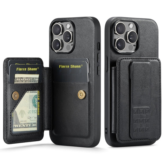 For iPhone 15 Pro Max Fierre Shann Oil Wax Cow Leather Card Holder Back Phone Case(Black)