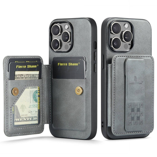 For iPhone 15 Pro Max Fierre Shann Oil Wax Cow Leather Card Holder Back Phone Case(Grey)