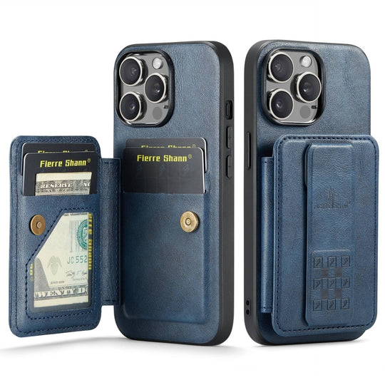 For iPhone 15 Pro Max Fierre Shann Oil Wax Cow Leather Card Holder Back Phone Case(Blue)