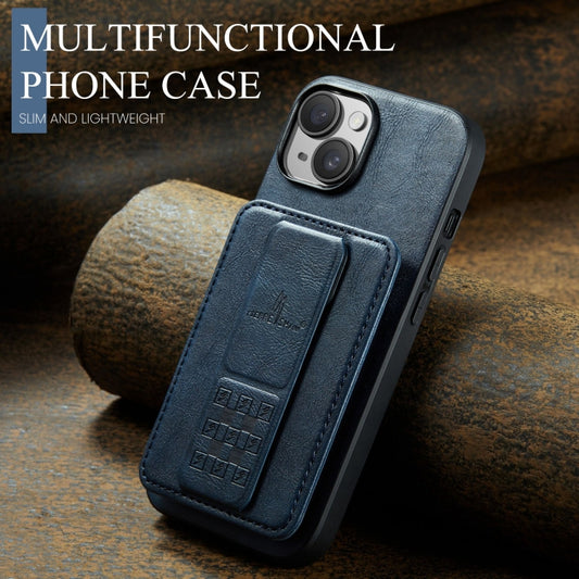 For iPhone 15 Plus Fierre Shann Oil Wax Cow Leather Card Holder Back Phone Case(Blue) - iPhone 15 Plus Cases by FIERRE SHANN | Online Shopping UK | buy2fix