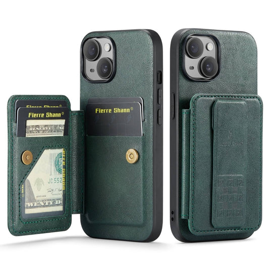 For iPhone 14 Plus Fierre Shann Oil Wax Cow Leather Card Holder Back Phone Case(Green) - iPhone 14 Plus Cases by FIERRE SHANN | Online Shopping UK | buy2fix