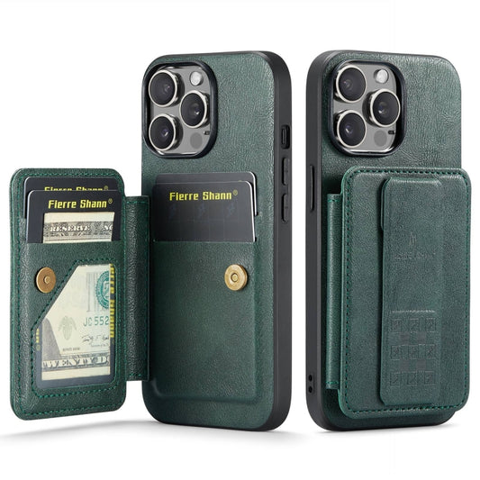 For iPhone 14 Pro Fierre Shann Oil Wax Cow Leather Card Holder Back Phone Case(Green) - iPhone 14 Pro Cases by FIERRE SHANN | Online Shopping UK | buy2fix
