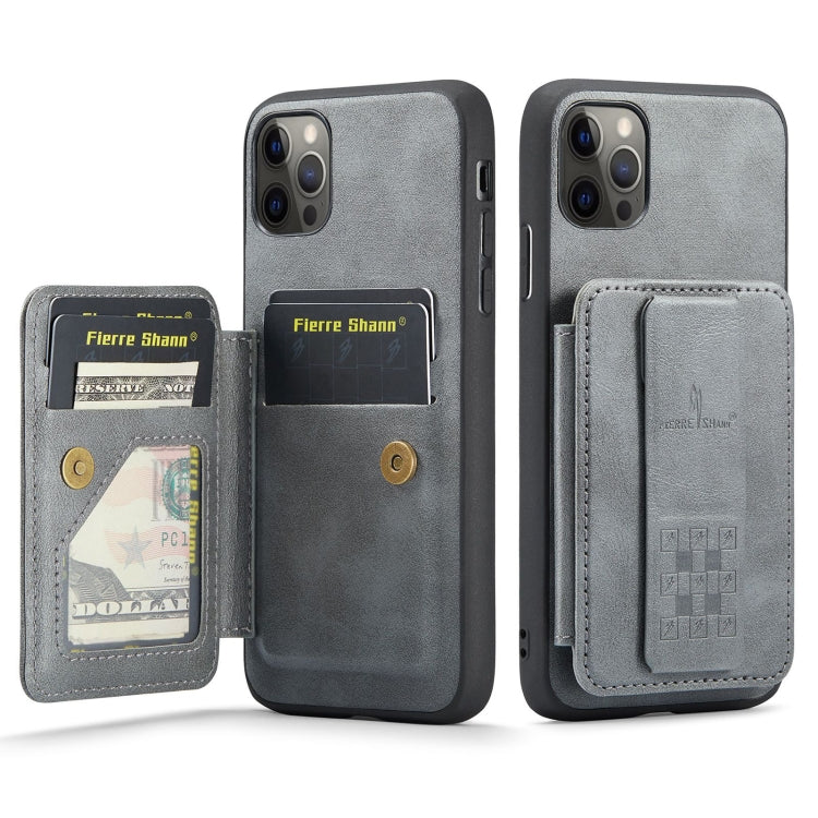 For iPhone 11 Pro Max Fierre Shann Oil Wax Cow Leather Card Holder Back Phone Case(Grey) - iPhone 11 Pro Max Cases by FIERRE SHANN | Online Shopping UK | buy2fix