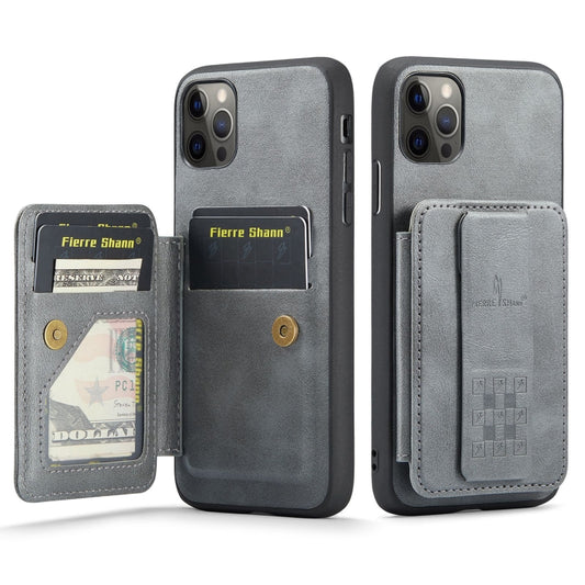 For iPhone 11 Pro Max Fierre Shann Oil Wax Cow Leather Card Holder Back Phone Case(Grey) - iPhone 11 Pro Max Cases by FIERRE SHANN | Online Shopping UK | buy2fix