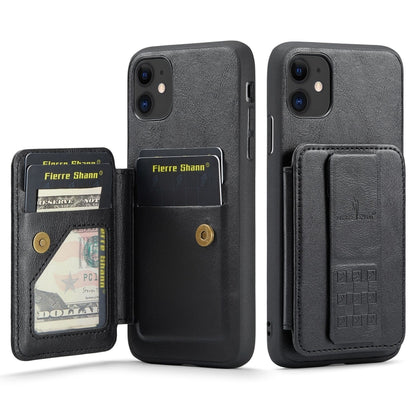 For iPhone 11 Fierre Shann Oil Wax Cow Leather Card Holder Back Phone Case(Black) - iPhone 11 Cases by FIERRE SHANN | Online Shopping UK | buy2fix