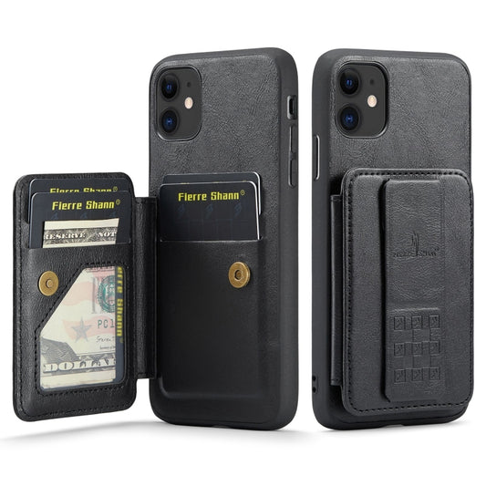 For iPhone 11 Fierre Shann Oil Wax Cow Leather Card Holder Back Phone Case(Black) - iPhone 11 Cases by FIERRE SHANN | Online Shopping UK | buy2fix