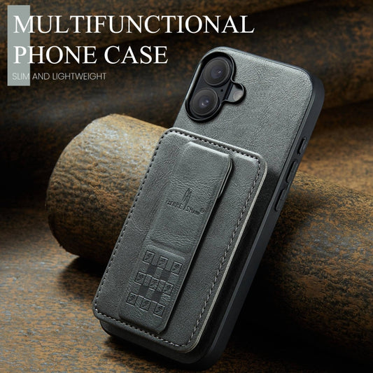 For iPhone 16 Plus Fierre Shann Oil Wax Cow Leather Card Holder Back Phone Case(Grey) by FIERRE SHANN