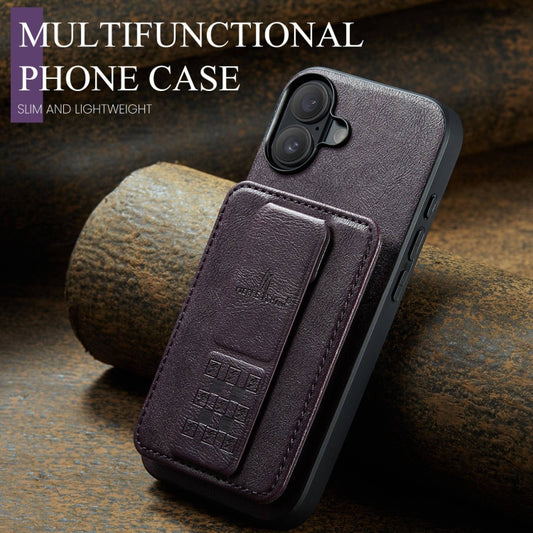 For iPhone 16 Fierre Shann Oil Wax Cow Leather Card Holder Back Phone Case(Purple) by FIERRE SHANN