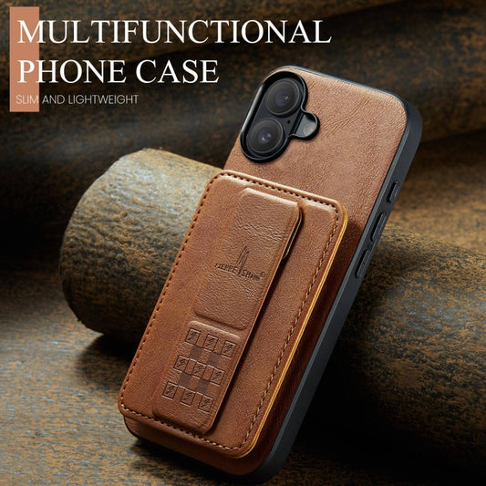 For iPhone 16 Fierre Shann Oil Wax Cow Leather Card Holder Back Phone Case(Brown) by FIERRE SHANN