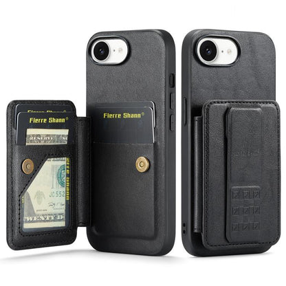 For iPhone 16e Fierre Shann Oil Wax Cow Leather Card Holder Back Phone Case(Black) - iPhone 16e Cases by FIERRE SHANN | Online Shopping UK | buy2fix