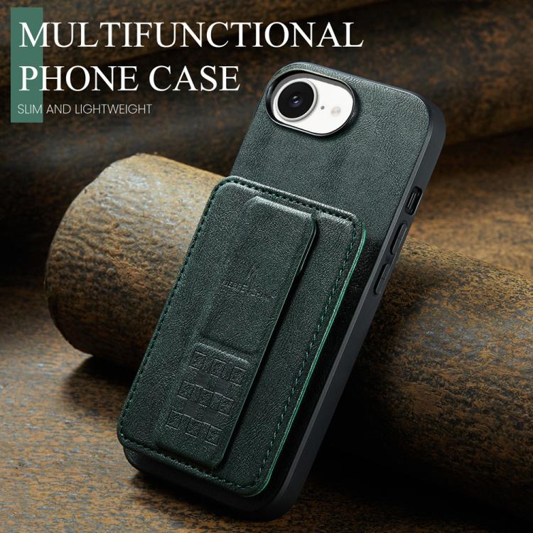 For iPhone 16e Fierre Shann Oil Wax Cow Leather Card Holder Back Phone Case(Green) - iPhone 16e Cases by FIERRE SHANN | Online Shopping UK | buy2fix