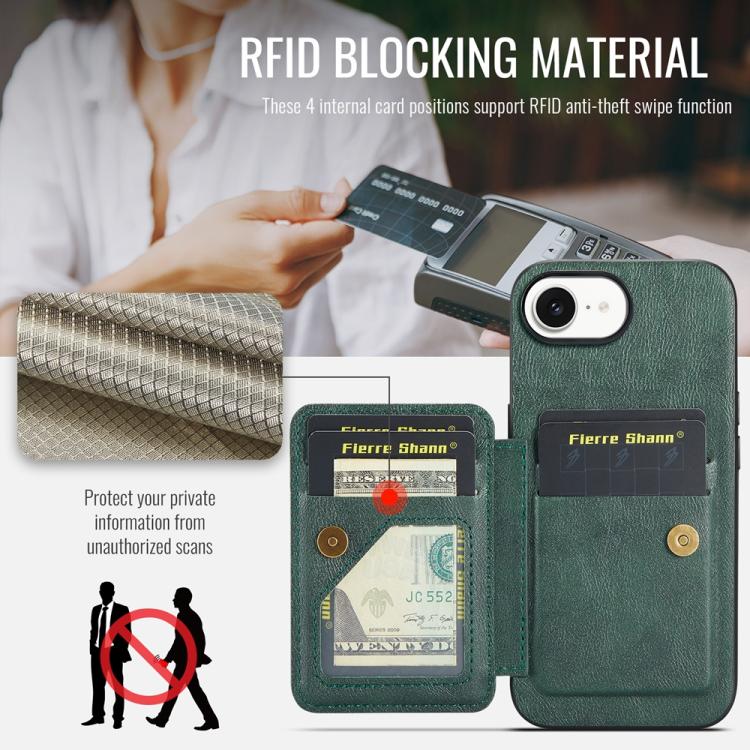 For iPhone 16e Fierre Shann Oil Wax Cow Leather Card Holder Back Phone Case(Green) - iPhone 16e Cases by FIERRE SHANN | Online Shopping UK | buy2fix