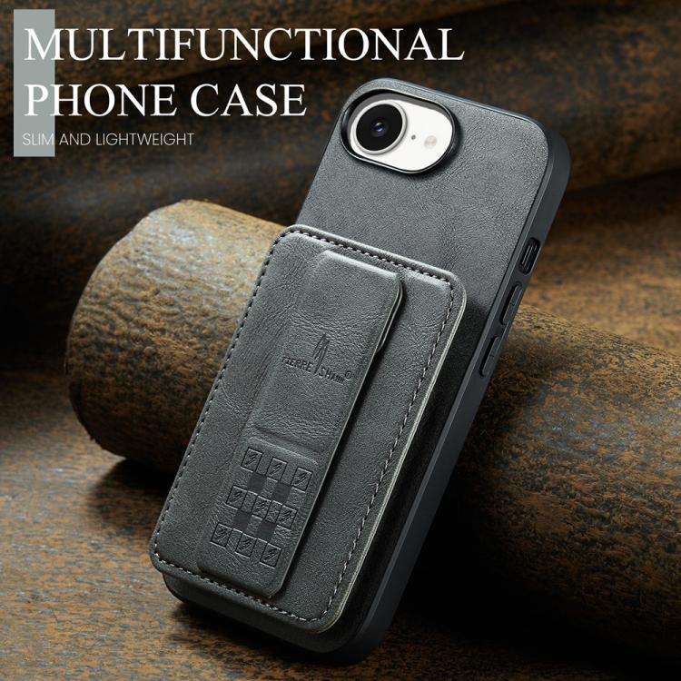 For iPhone 16e Fierre Shann Oil Wax Cow Leather Card Holder Back Phone Case(Grey) - iPhone 16e Cases by FIERRE SHANN | Online Shopping UK | buy2fix