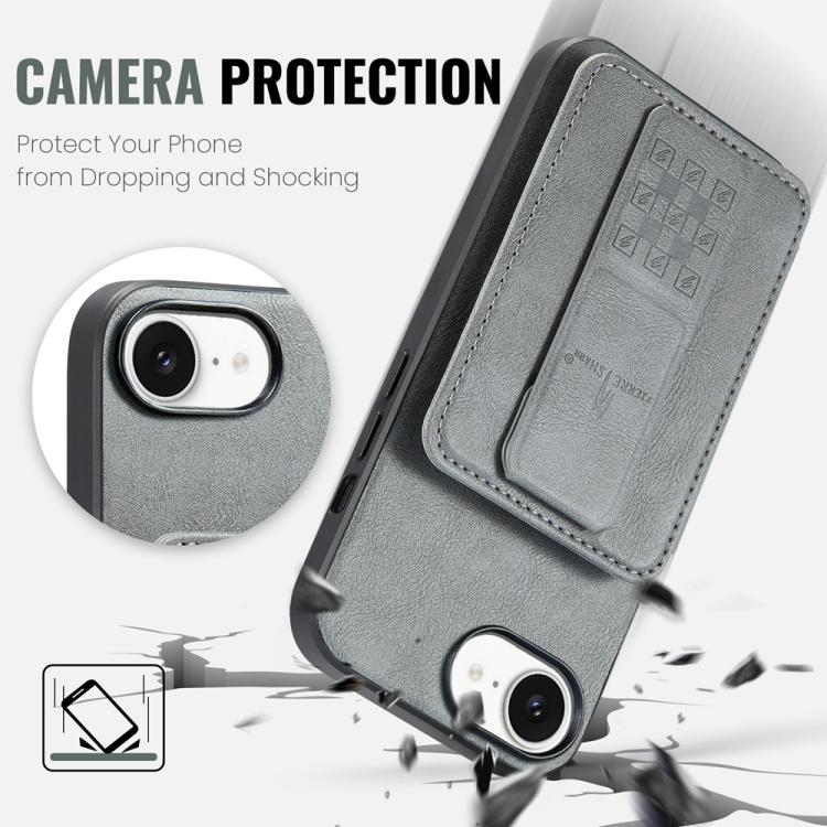 For iPhone 16e Fierre Shann Oil Wax Cow Leather Card Holder Back Phone Case(Grey) - iPhone 16e Cases by FIERRE SHANN | Online Shopping UK | buy2fix