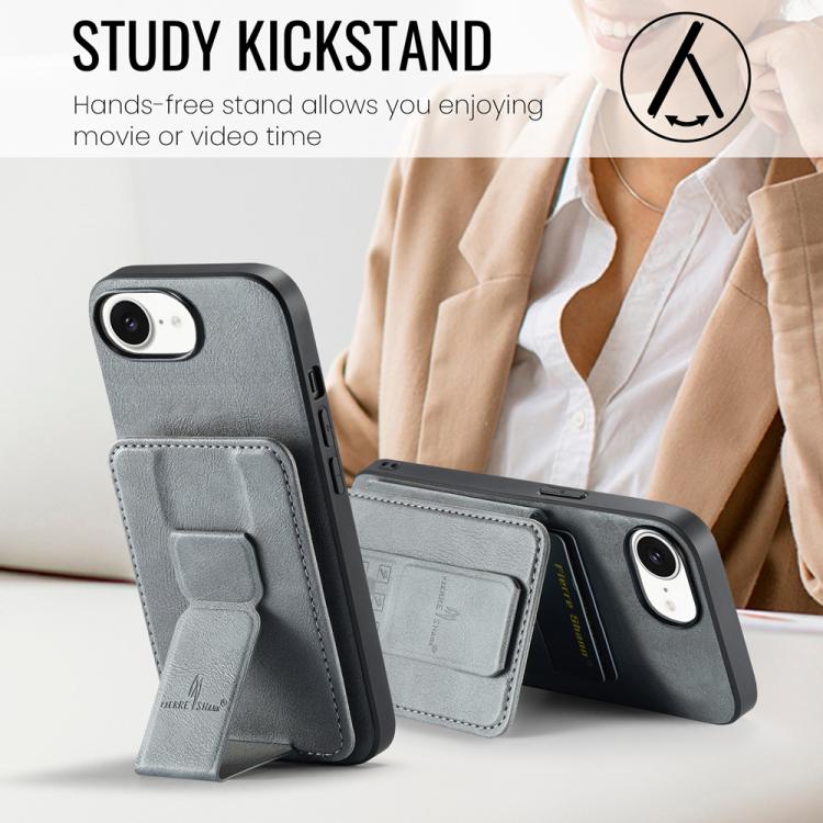 For iPhone 16e Fierre Shann Oil Wax Cow Leather Card Holder Back Phone Case(Grey) - iPhone 16e Cases by FIERRE SHANN | Online Shopping UK | buy2fix