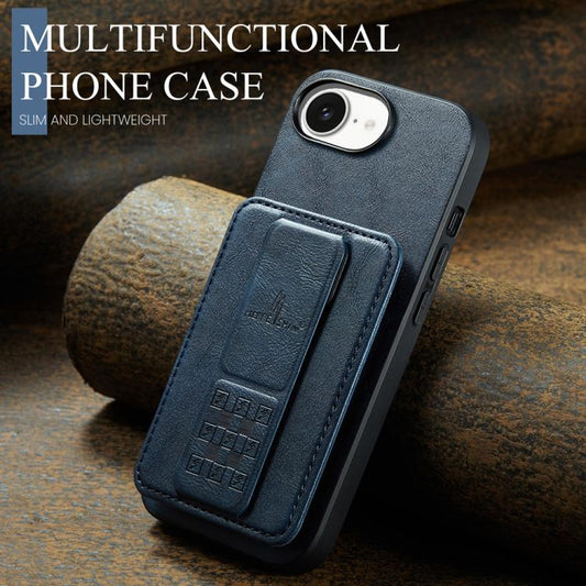 For iPhone 16e Fierre Shann Oil Wax Cow Leather Card Holder Back Phone Case(Blue) - iPhone 16e Cases by FIERRE SHANN | Online Shopping UK | buy2fix