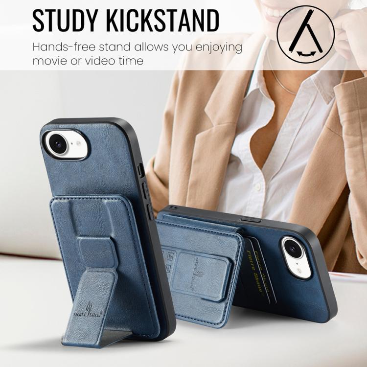 For iPhone 16e Fierre Shann Oil Wax Cow Leather Card Holder Back Phone Case(Blue) - iPhone 16e Cases by FIERRE SHANN | Online Shopping UK | buy2fix